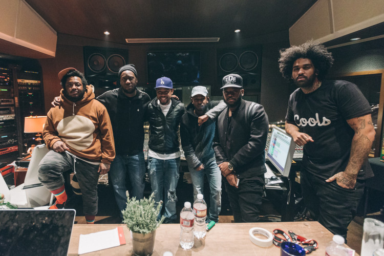 Thundercat, Terrace Martin, Kendrick Lamar, Soundwave and MixedbyAli in the studio in Los Angeles, mastering Kendrick Lamar's, To Pimp a Butterfly, the Album. (Photo by: Jeff Lombardo)