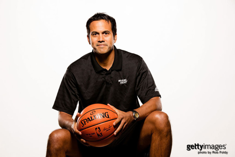 MIAMI, FL - SEPTEMBER 28: Head coach Erik Spoelstra of the Miami Heat poses for a portrait during media day at AmericanAirlines Arena on September 28, 2015 in Miami, Florida. (Photo by Rob Foldy/Getty Images)