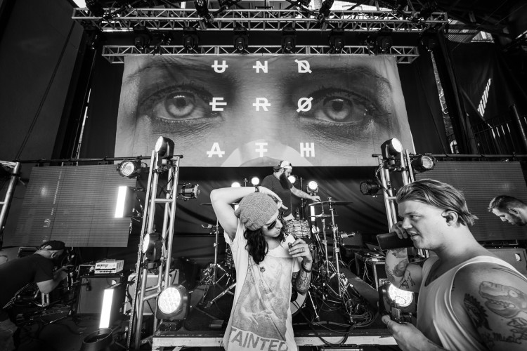 Spencer Chamberlain and Aaron Gillespie of Underoath prepare for soundcheck on March 16, 2016 at Jannus Live in St. Petersburg, Florida