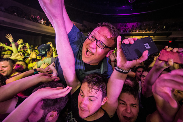 Jordan Trowell crowd surfs as Underoath perform on April 24, 2016 at Hard Rock Live in Orlando, Florida