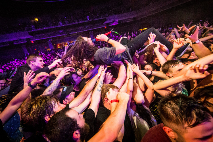 Spencer Chamberlain of Underoath crowd surfs on April 24, 2016 at Hard Rock Live in Orlando, Florida