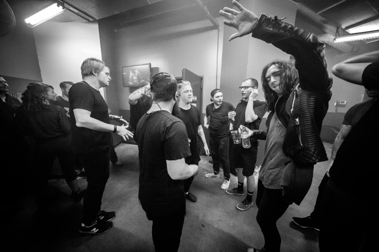 Chris Dudley, Tim McTague, Aaron Gillespie, tour techs JJ and Josiah Ronco, and Spencer Chamberlain of Underoath prepare to take the stage on April 24, 2016 at Hard Rock Live in Orlando, Florida
