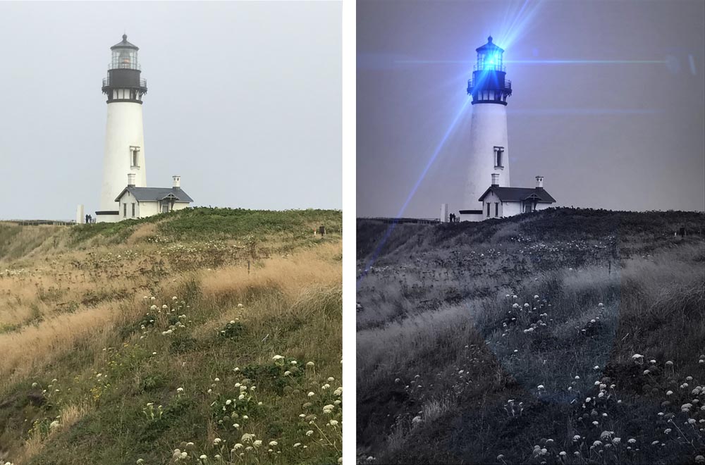 Before and After: Adding Lens Flare to Yaquina Head Lighthouse.