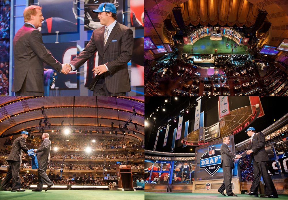 Matt Stafford, the first pick of the 2009 NFL Draft, is photographed with commissioner Roger Goodell from four different angles at the exact same time using multiple remote cameras.