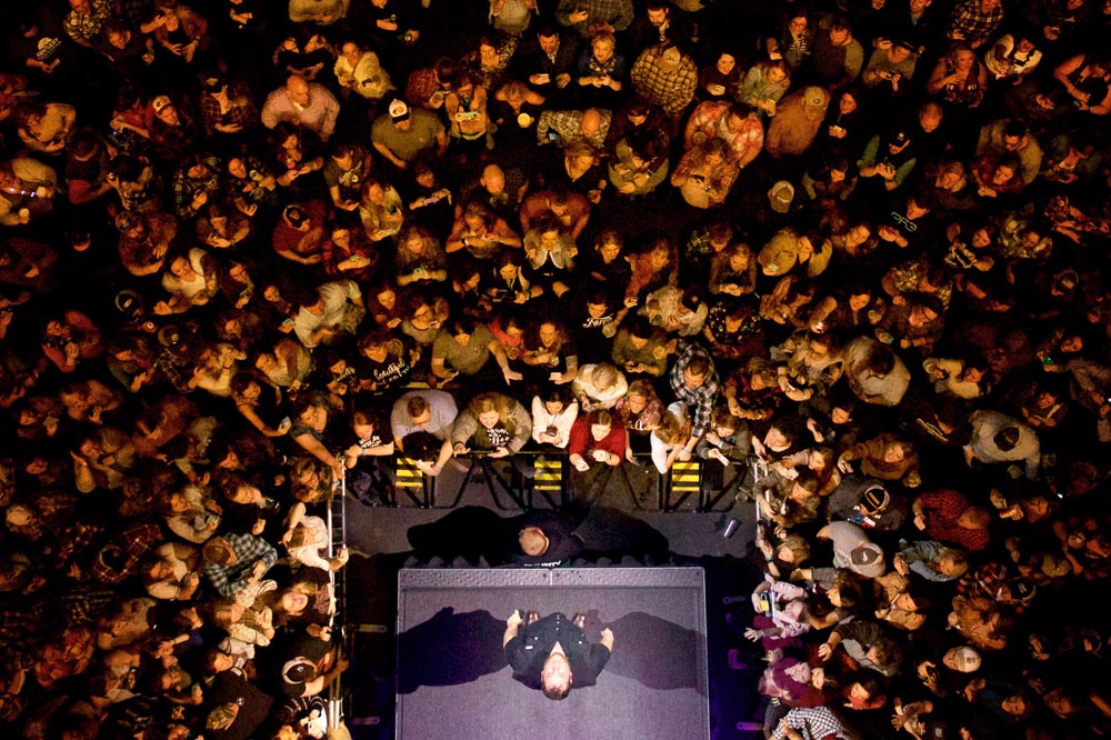 Luke Combs and fans are photographed using an overhead remote mounted in the lighting truss during a show in Evansville, IN on February 16, 2019.